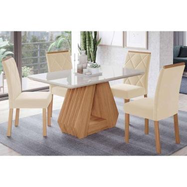Imagem de Sala De Jantar Completa ágata Tampo Madeirado C- Vidro 130x80cm E 4 Cadeiras Fernanda Nature-madeirado-suede Nude Bege - Cimol