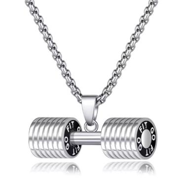 Imagem de JAJAFOOK Jewelry Colar com pingente de haltere de aço inoxidável para academia e academia, Metal, Sem Pedra Preciosa