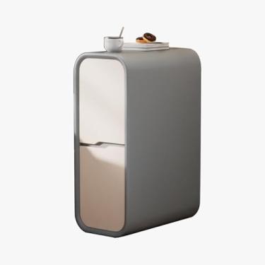 Imagem de Mesa de canto moderna com gaveta pequena mesa de cabeceira moderna com 2 gavetas mesa lateral estreita para espaços apertados, grama e estável, para escritório, quarto, escritório, cinza + branco, 30