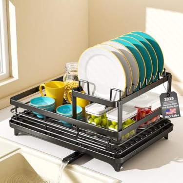 Imagem de Mihoho Escorredor de pratos de aço inoxidável, escorredor de pratos para balcão de cozinha, escorredor de pratos de metal grande à prova de ferrugem, suporte de utensílios, suporte de copo (preto)