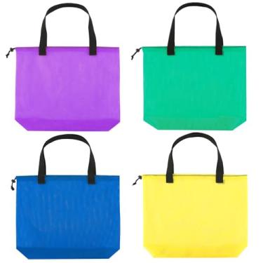 Imagem de hsmyank Pacote com 4 sacolas de praia de malha colorida, sacola de compras de malha com cordão para viagem, brinquedos, presente ou lavanderia.., Cor ~ 2, Large