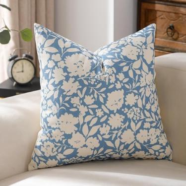 Imagem de VAKADO Capa de almofada neutra para casa de fazenda ao ar livre 45,7 x 45,7 cm conjunto de 1 decoração vintage floral linda estampa branca macia para quarto sofá cadeira varanda, azul