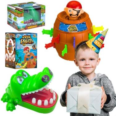 Imagem de Kit Brinquedos Educativo Barril Pula Pirata + Crocodilo Morde Dedo Jacare Jogos de tabuleiro infantil dia das Criança Presente menina menino 5 anos natal aniversario