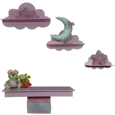Imagem de Kit Nichos Nuvem + Prateleira com Varão MDF - Rosa Bebê BB - Flores pa