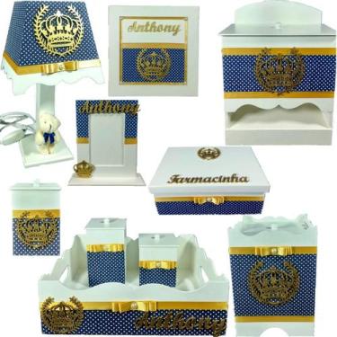 Imagem de Kit Higiene bebê Mdf 10 peças -  AZUL MARINHO COM BOLINHAS DE COROA - 