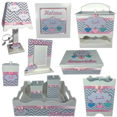 Imagem de Kit Higiene bebê Mdf 10 peças menina - CHUVA DE AMOR CHEVRON CINZA E R