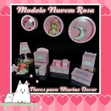 Imagem de Kit Higiene bebê mdf 8 pçs + 3 Nichos Rosa NUVEM ROSA (Pronta Entrega)