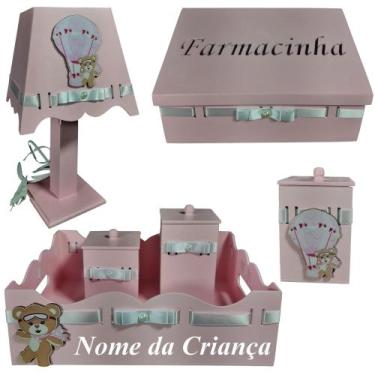 Imagem de Kit de Higiene para quarto de bebê madeira Mdf 6 pçs - Ursinha balão r
