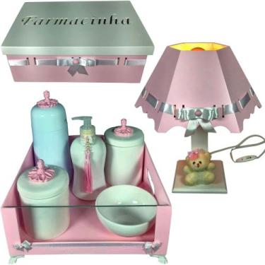 Imagem de Kit higiene quarto de bebê porcelana mdf 8 pçs - Rosa e Branco - ARTES