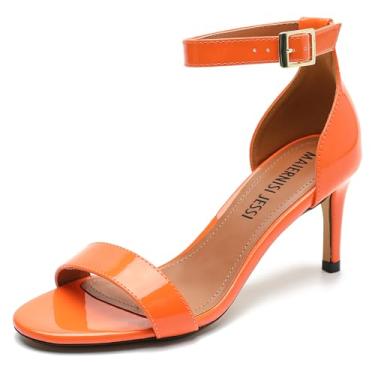 Imagem de MAIERNISI JESSI Sandália unissex masculina, feminina, tira no tornozelo, salto alto gatinho, Patente laranja, 16 Women/14.5 Men