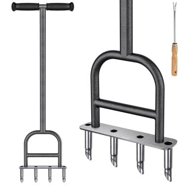 Imagem de Dolibest Aerador de núcleo de gramado, 4 ferramentas aeradoras de aço inoxidável com aderência de borracha macia, ferramenta manual de aeração de grama, ferramenta de jardim e ferramenta manual de