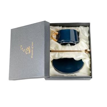 Imagem de Xícara de café e pires de borda dourada criativos e personalizados, chá da tarde com colher, xícara de flor de latte e pires - caixa azul real