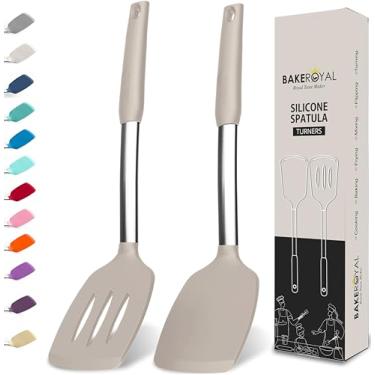 Imagem de BakeRoyal Conjunto de espátulas de silicone – Espátulas de silicone resistentes ao calor 315 °C – Espátula com fenda e sólida para cozinhar peixe, ovos, panquecas – Espátulas para uso na cozinha