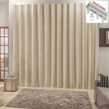 Imagem de Cortina Top Chick 3 Metros Sala Quarto Tecido Ráfia Trilho Suisso - Bege