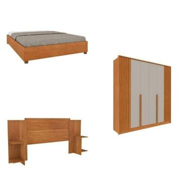 Imagem de Quarto Casal Guarda-Roupa 6 portas Ripado Nova York e Cama Box Casal Mônaco com Cabeceira Ajustável Cinamomo/Off White