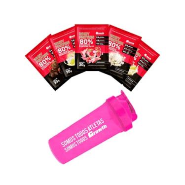 Imagem de Combo - Whey Protein Concentrado 30g em Sachê (5un - Morango, banana, torta de limão, baunilha e brigadeiro) + Coqueteleira 600ml Rosa - Growth