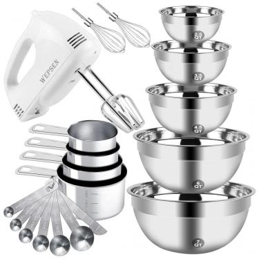 Imagem de Batedeira Elétrica com 5 Tigelas em Aço Inox e Colheres Medidoras, 110V 150W, WEPSEN, Branca