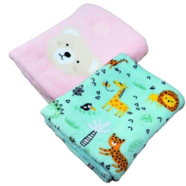 Imagem de Manta Infantil de Microfibra, 70x90cm, 250g/m², Antialérgica, 3 Estampas (Rosa e Verde)