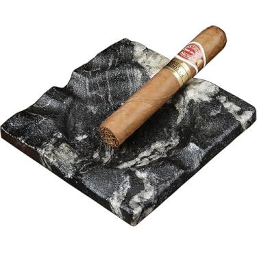 Imagem de Cinzeiro de charuto de granito de luxo - Cinzeiro de pedra quadrado resistente com descanso para charutos, cinzeiros de mármore natural para fumar para lounge, pátio, amantes de cavernas masculinas e