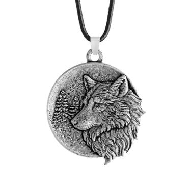 Imagem de HAQUIL Colar de lobo, pingente vintage antigo de lobo selvagem na selva, pingente de animal totêmico, cordão de couro falso, presente de joia de lobo