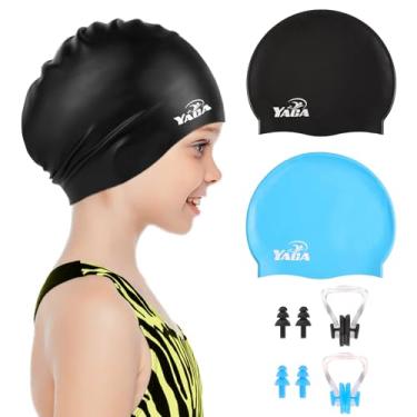 Imagem de Touca de natação infantil para piscina, touca de natação para crianças (preto e azul, grande (idade 8-15))