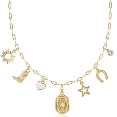 Imagem de Colar com pingente de ouro humilde chique para mulheres - Colar de corrente de clipe de papel com pingentes modernos, colar grosso em tom dourado, Metal, Zircônia cúbica