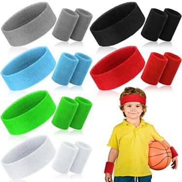 Imagem de Conjunto de 6 faixas de transpiração para crianças, conjunto de pulseiras coloridas atléticas de suor, faixas de tênis, faixa de cabeça absorvente de suor para meninas, meninos, mulheres, homens, esportes, basquete, treino, futebol (cores brilhantes)