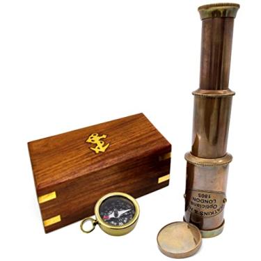 Imagem de Telescópio náutico de latão espião com caixa de madeira, telescópio decorativo monocular dobrável pirata com óptica de vidro para presente (acabamento antigo)