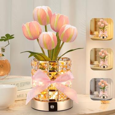 Imagem de Lâmpada de flor de tulipa, lâmpada de tulipa recarregável, luz noturna de flores artificiais de LED com vaso de cristal e 3 temperaturas de cor, luminária de mesa sem fio de toque regulável, presente