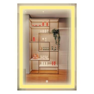 Imagem de Espelho Retangular Com 3 Tons de LED - Grande de parede moderno jateado lapidado decorativo com iluminação e Botão Sensor touch screen (3 cores de Luz - LED QUENTE, NEUTRO E FRIO) (40x80cm)