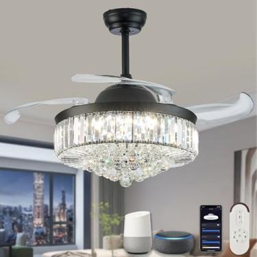 Imagem de DuMaiWay Ventilador De Teto Fandelier Alexa Preto Inteligente 48" Com Luz E Controle Remoto Wi-Fi, Lustre Cristal Moderno Retrátil Regulável Para Sala Estar Quarto