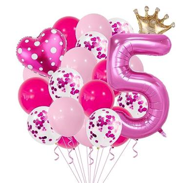 Imagem de Generic 25 Balões Rosa Com Números, Coroa De Coração, Folha Alumínio Para Festa, Decoração Aniversário Mulheres E Meninas (Número 5)