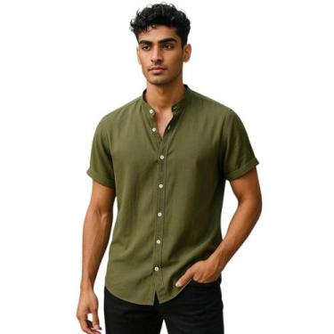 Imagem de Camisa Social Masculina com Gola Padre Manga Curta - Mitchelgutto, Ver