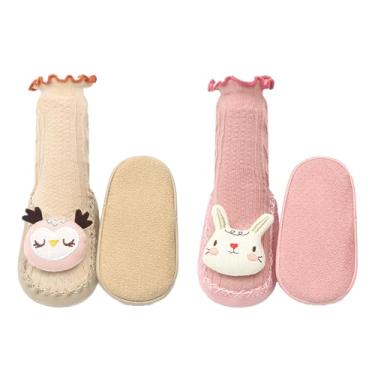 Imagem de BEHELE Pantufa antiderrapante de malha de desenho animado antiderrapante para meninos e meninas, 2 pares, Coelho + coruja, 12-18 Months Toddler