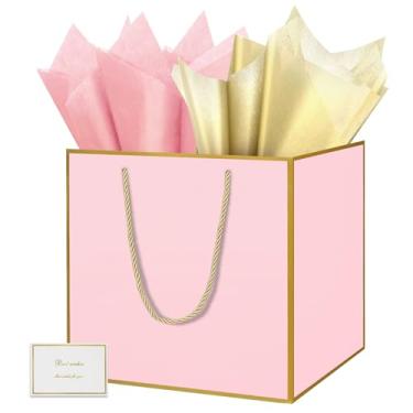 Imagem de HONTIUS Sacola de presente extra grande de 29 cm, gigante quadrada GG rosa para presente de dama de honra com papel de seda e cartão para presentes de aniversário de casamento, presentes de Natal