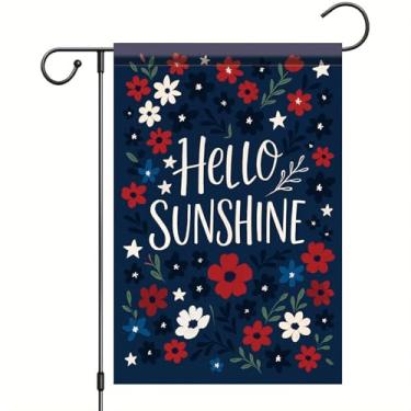 Imagem de Starlit Patio Hello Sunshine Bandeira de jardim 30,5 x 45,7 cm Bandeira floral patriótica para jardim ao ar livre primavera verão decoração de boas-vindas para varanda gramado caixa de correio
