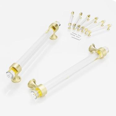Imagem de Puxadores de armário de cozinha de cristal de 6,3 polegadas pacote com 6 puxadores de latão dourado escovado, gavetas de armário de vidro, ferragens de armário, puxador de banheiro de cobre acetinado