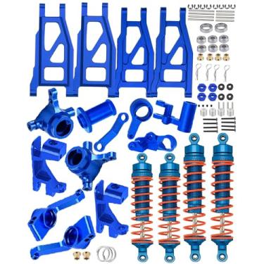 Imagem de HopsupRC Atualizações para Rustler/Stampede/Slash/Hoss 1/10 4x4 VXL, Choques de liga dianteira traseira RC & um braço & bloco de rodízio, blocos de direção, suportes de eixo traseiro com rodas hexagonais e rolamentos, manivelas de direção, azul