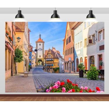 Imagem de CORFOTO Pano de fundo de cidade medieval da Alemanha 2,4 x 1,8 m Tecido Baviera Rothenburg Kobolzell Gate Street Background para a Europa Tema Alemão Decoração de Festa Bávara Decorações de Festas