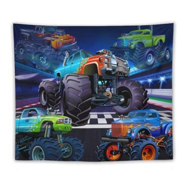 Imagem de AAVEUP Tapeçaria de caminhão monstro desenho 3D pista de corrida legal chama 4 rodas bigfoot carro tapeçarias estéticas para meninos crianças quarto dormitório sala de estar decoração 127 x 152 cm