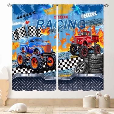 Imagem de Cortinas de caminhão para quarto de meninos, faixa legal, chamas, carro, desenho animado, monstro, corrida, cortina, tratamentos para meninos, crianças, quarto, sala de estar, sala de jogos, berçário