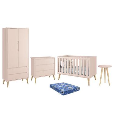 Imagem de Dormitório Theo Retrô 2 Portas, Cômoda, Berço, Mesa de Apoio com Pés Madeira Natural e Colchão - Reller Móveis Rosa Fosco