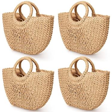 Imagem de Mixweer 4 peças bolsa de palha para mulheres verão viagem rattan tecido ráfia praia bolsas alça grande capacidade tote bolsas clutch 2024, Caqui, 14.96 x 3.15 x 11.42 Inch