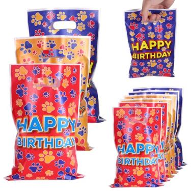 Imagem de 60un. Sacolas Presente com Pata Cachorro, 25x17cm Feliz Aniversário Estampa Cachorro Estampa de Pata Sacolas Guloseimas com Alças Artigos Fofos Festa para Aniversário Doces e Salgadinhos