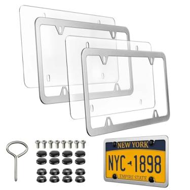 Imagem de Combo de capas de quadros de matrícula - pacote com 2 protetores de etiqueta de carro planos transparentes inquebráveis e suporte universal de alumínio para placa de carro com parafusos, tampas