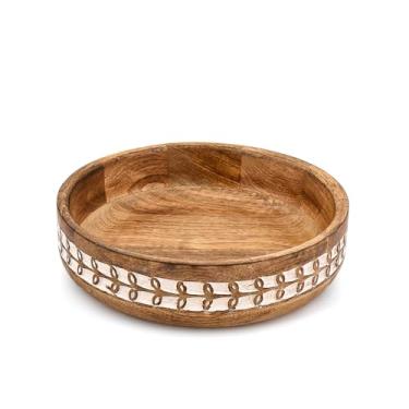 Imagem de NIRMAN Tigela decorativa de madeira de manga rústica para decoração de casa centros de mesa para casa de fazenda estilo rústico (25,4 cm x 25,4 cm x 6,3 cm)