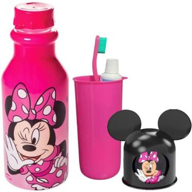 Imagem de Minnie Rosa Kit Garrafa 500ml Porta Escova Dental Case - Plasutil