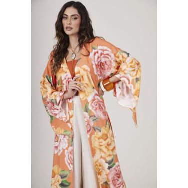 Imagem de Kimono Longo Com Faixa Laranja Estampado Yacamim J5, P, Laranja
