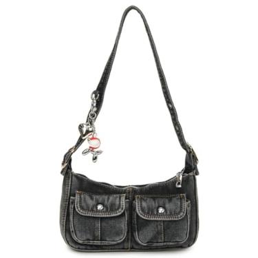 Imagem de Y2K Bolsa jeans feminina vintage bolsa de ombro pequena alça superior clutch punk axila bolsa com vários bolsos 2025, Preto, Medium