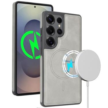 Imagem de HAOMRIYL Capa magnética para Samsung Galaxy S25 Ultra/S25 Plus/S25, capa de couro executiva, carregamento sem fio, à prova de choque, cinza, S25plus